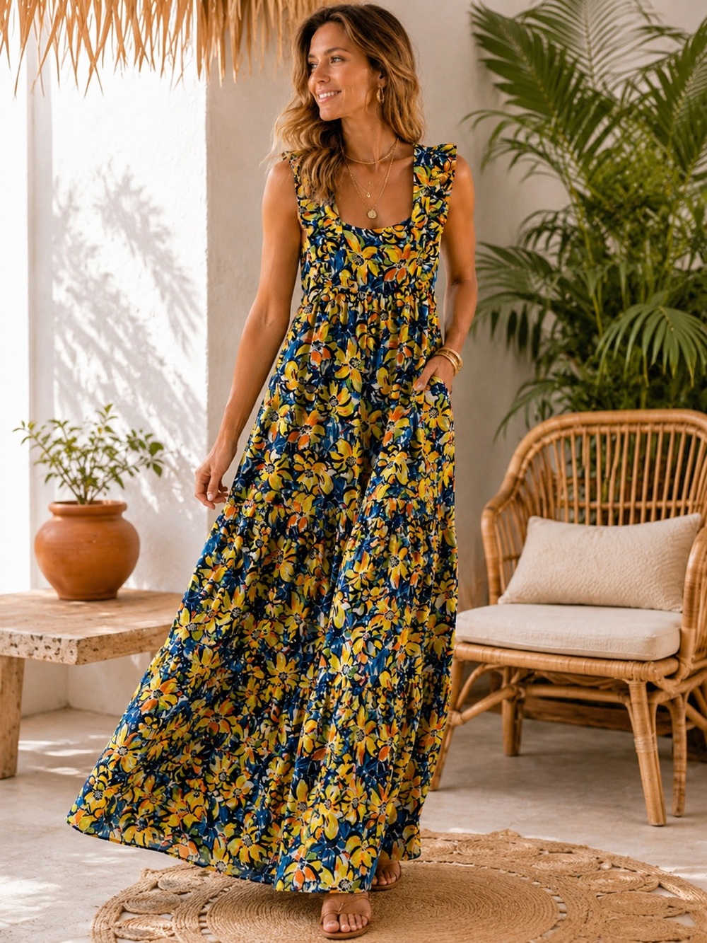 Skies Are Blue Floral Maxi Dress - Lined - Tropical. Preloved